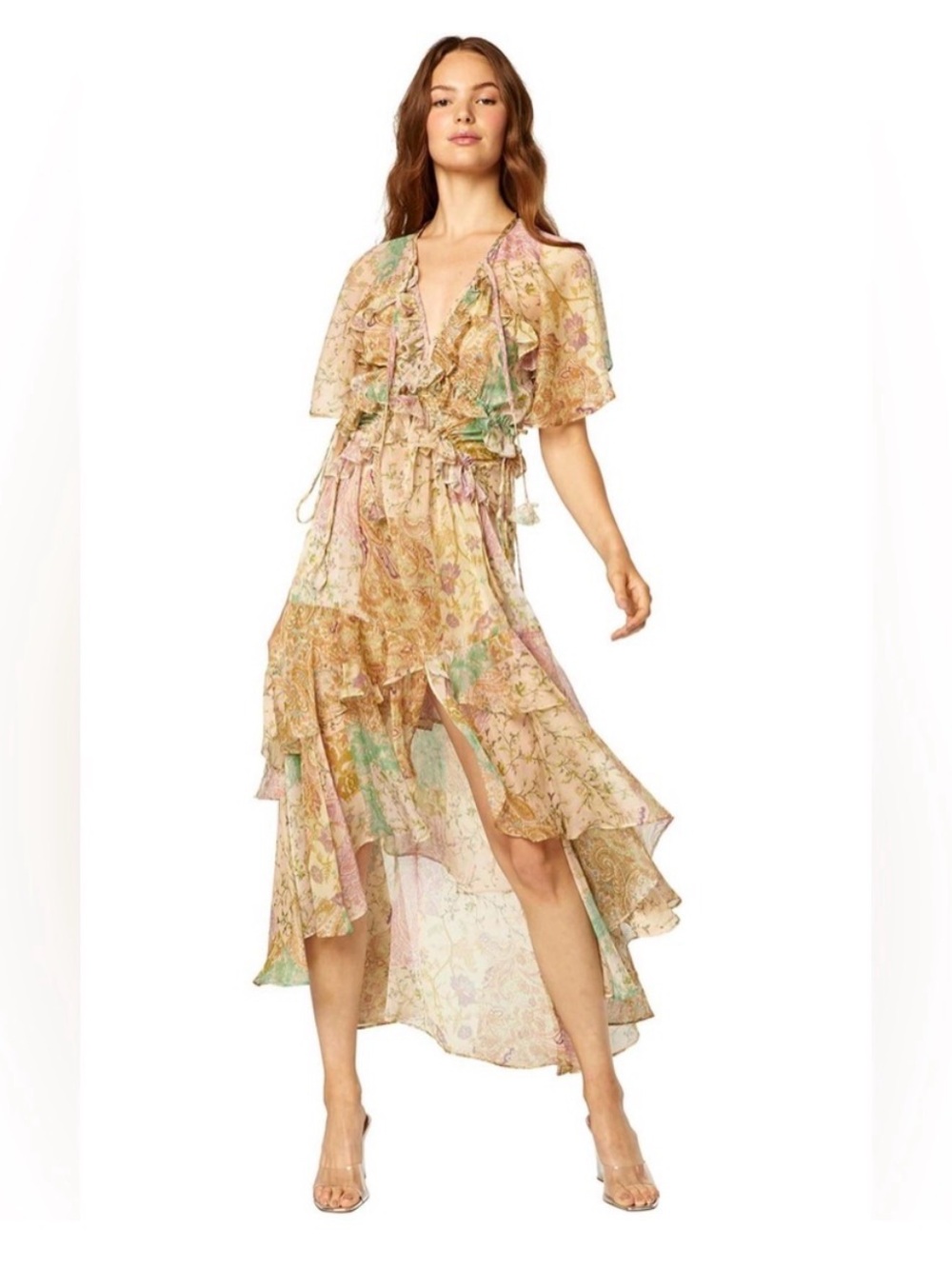 MISA Los Angeles Alana Dress high-low maxi silhouette patchwork print chiffon